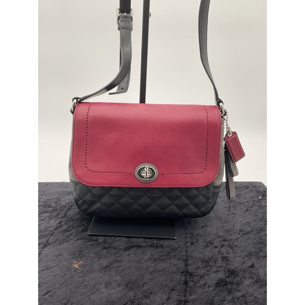 Coach Park Quilted Colorblock Black w/Red Flap, Grey Suede Sides Crossbody Bag